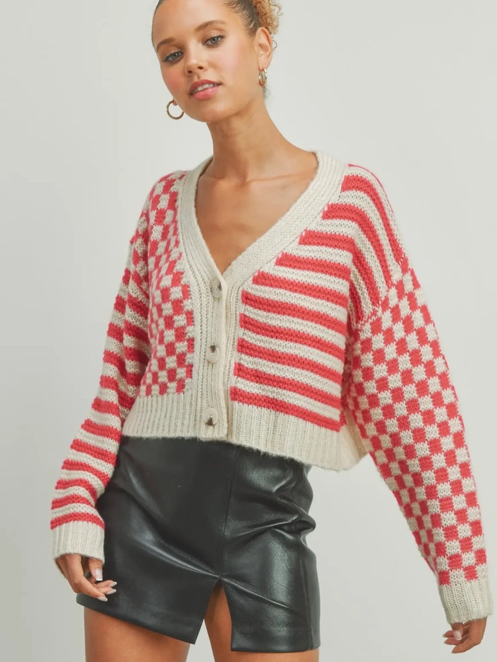 Cropped V-Neck Checker & Stripe Cardigan Sweater - Cream & Coral Pink